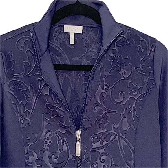 Escada Sport Vintage Zip Sweat Top Jacket Jacquard Plackett Navy Blue Womens S - Picture 4 of 12